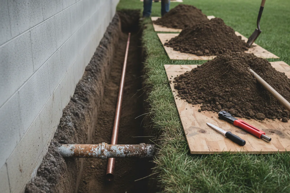 Excavated water line trench during Water Heater Repair in Polkville